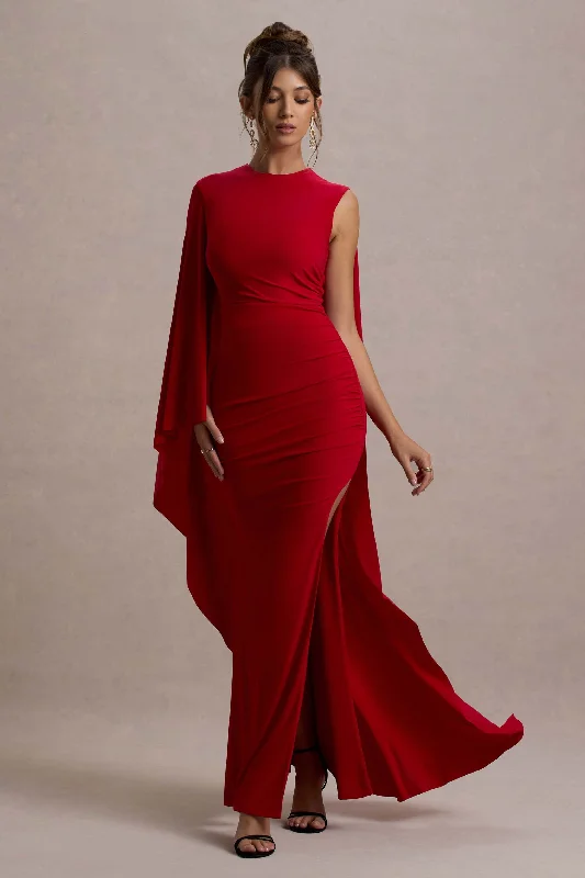 Yuna | Red Draped Maxi Dress With Cape Comfortable Bohemian Maxi Dress