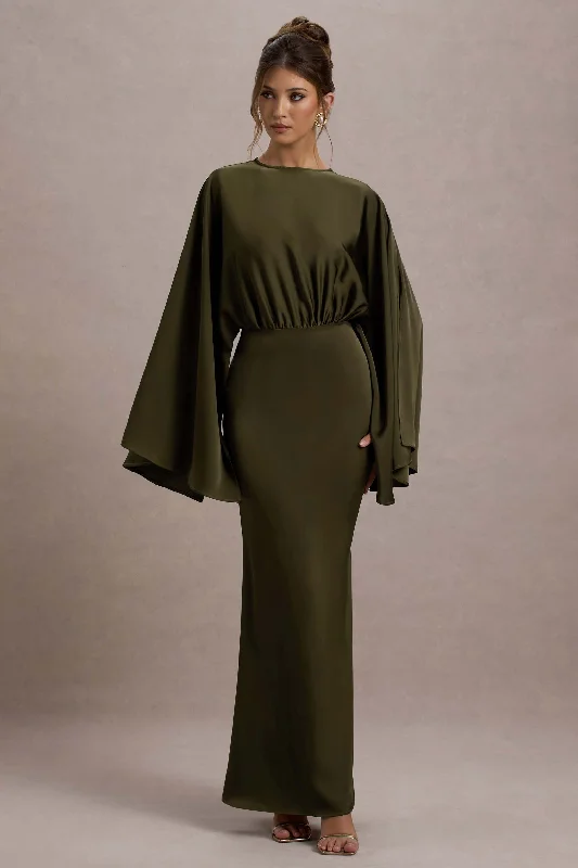 Zuzanna | Khaki Draped Maxi Dress With Cape Sleeves Fashionable Layered Maxi Dress