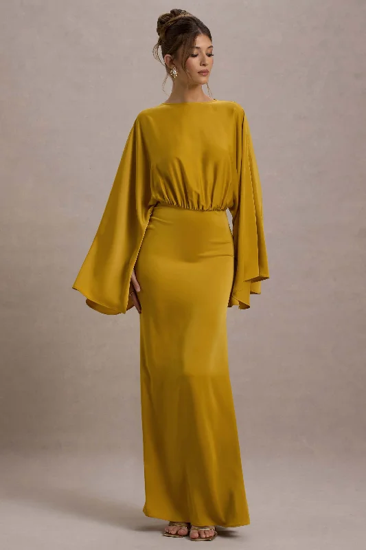 Zuzanna | Mustard Draped Maxi Dress With Cape Sleeves Fashionable Faux Wrap Maxi Dress