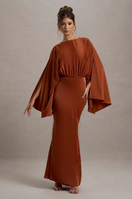 Zuzanna | Rust Draped Maxi Dress With Cape Sleeves Stylish Long Sleeve Maxi Dress