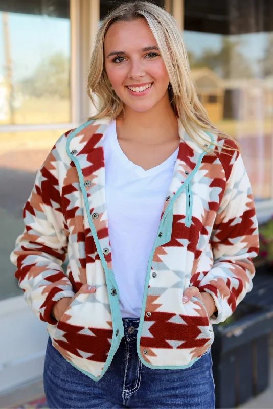 Fiery Red Western Aztec Buttoned Zipper Pockets Fleece Jacket Snapped Jacket Toggled Jacket Drawstring Jacket Fiery Red Western Aztec Buttoned Zipper Pockets Fleece Jacket Snapped Jacket Toggled Jacket Drawstring Jacket