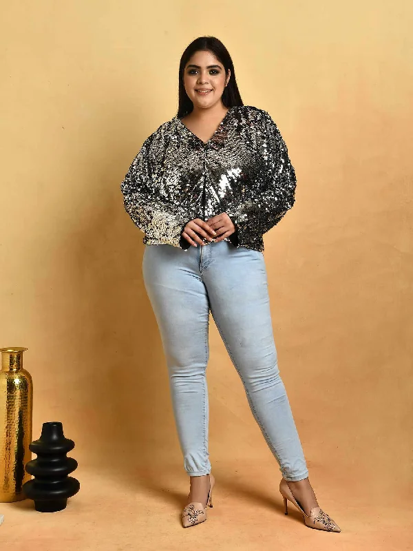 Attic Curves Flowy Jacket With Sequins Welt Pockets Slit Pockets Flap Pockets