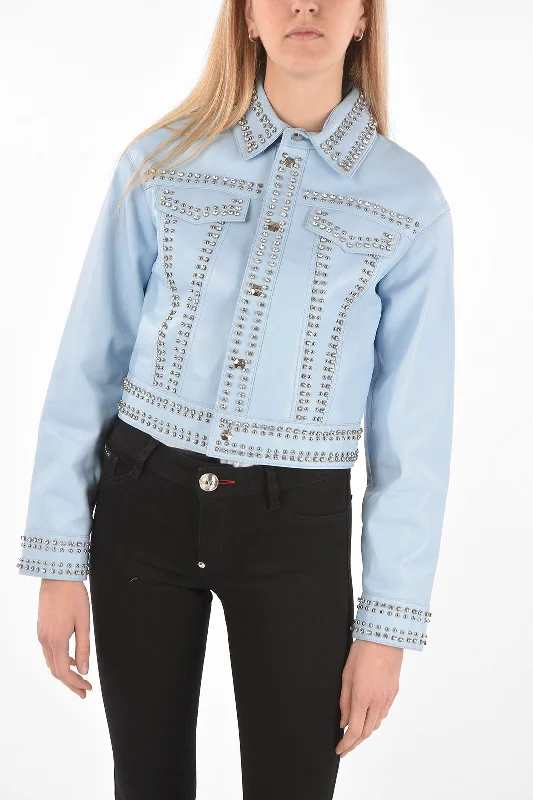 Philipp Plein COUTURE Leather Bomber Jacket CRYSTAL embellished with studs S Standard size Zip Front Button Front Snap Front Philipp Plein COUTURE Leather Bomber Jacket CRYSTAL embellished with studs S Standard size Zip Front Button Front Snap Front