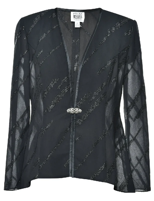 Black Sheer Striped Evening Petites Jacket - M Front Pockets Side Pockets Patch Pockets Black Sheer Striped Evening Petites Jacket - M Front Pockets Side Pockets Patch Pockets