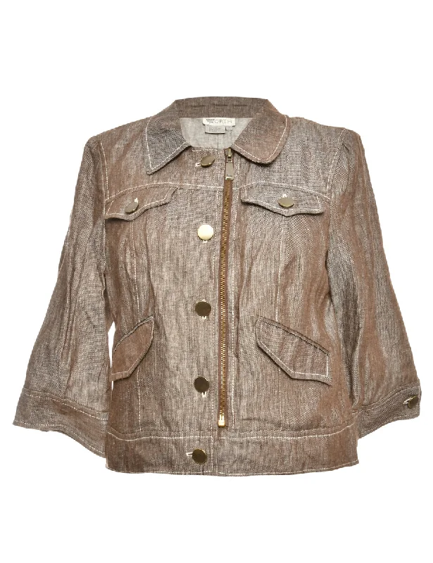 Button-Front Brown Cropped Jacket - M Nylon Jacket Polyester Jacket Spandex Jacket