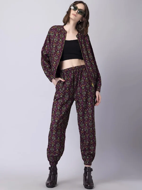 FabAlley Women's Viscose Maroon Floral Bomber Jacket and Jogger Pants Co-ord Set Calf Length Dress Bomber Jacket Anorak Windbreaker FabAlley Women's Viscose Maroon Floral Bomber Jacket and Jogger Pants Co-ord Set Calf Length Dress Bomber Jacket Anorak Windbreaker