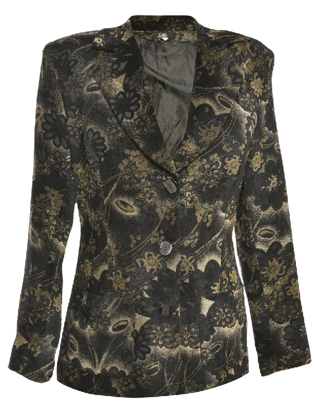 Floral Pattern Black Jacket - L Fleece Fabric Down Fabric Feather Fabric