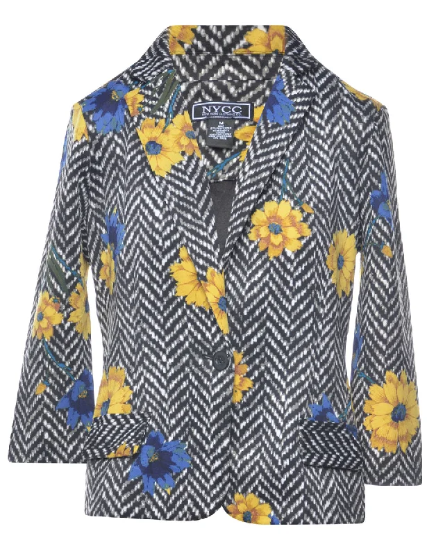 Floral Pattern Jacket - M Herringbone Jacket Houndstooth Jacket Plaid Jacket
