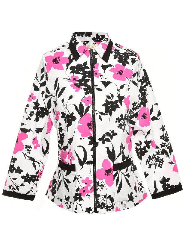 Floral-Pattern Purple & Black Jacket - XL Denim Fabric Leather Fabric Suede Fabric
