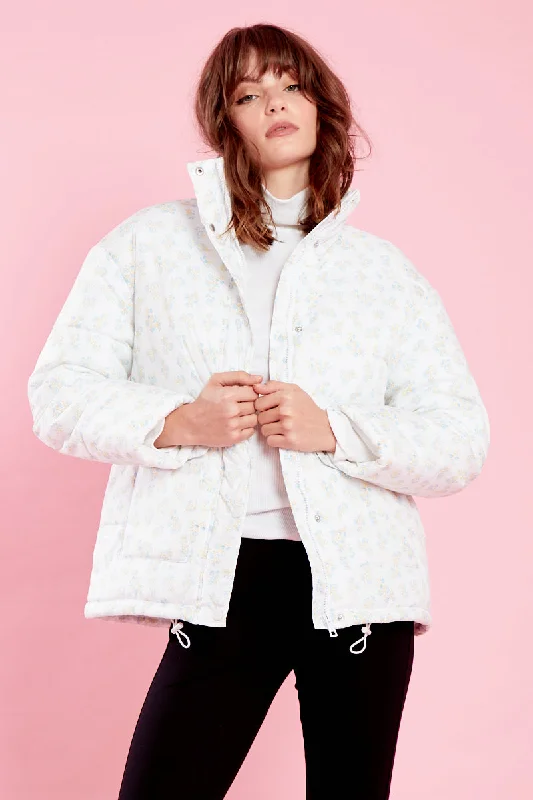 Frankie Floral Puffer Jacket - Cream Rayon Fabric Velvet Fabric Corduroy Fabric