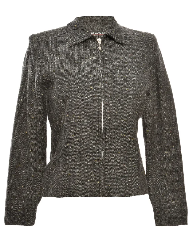 Herringbone Tweed Jacket - M Zippered Front Buttoned Front Snap Front