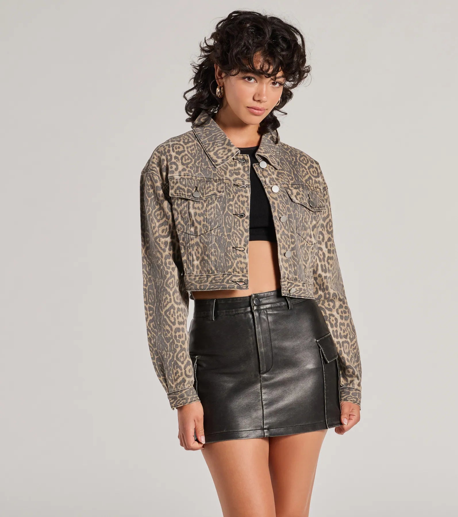 Level Up Leopard Print Denim Trucker Jacket Insulated Jacket Fitted Jacket Loose Jacket