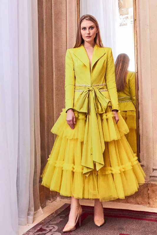 Long sleeve moire jacket with tulle midi skirt A-Line Jacket Boat Neck Shawl Collar