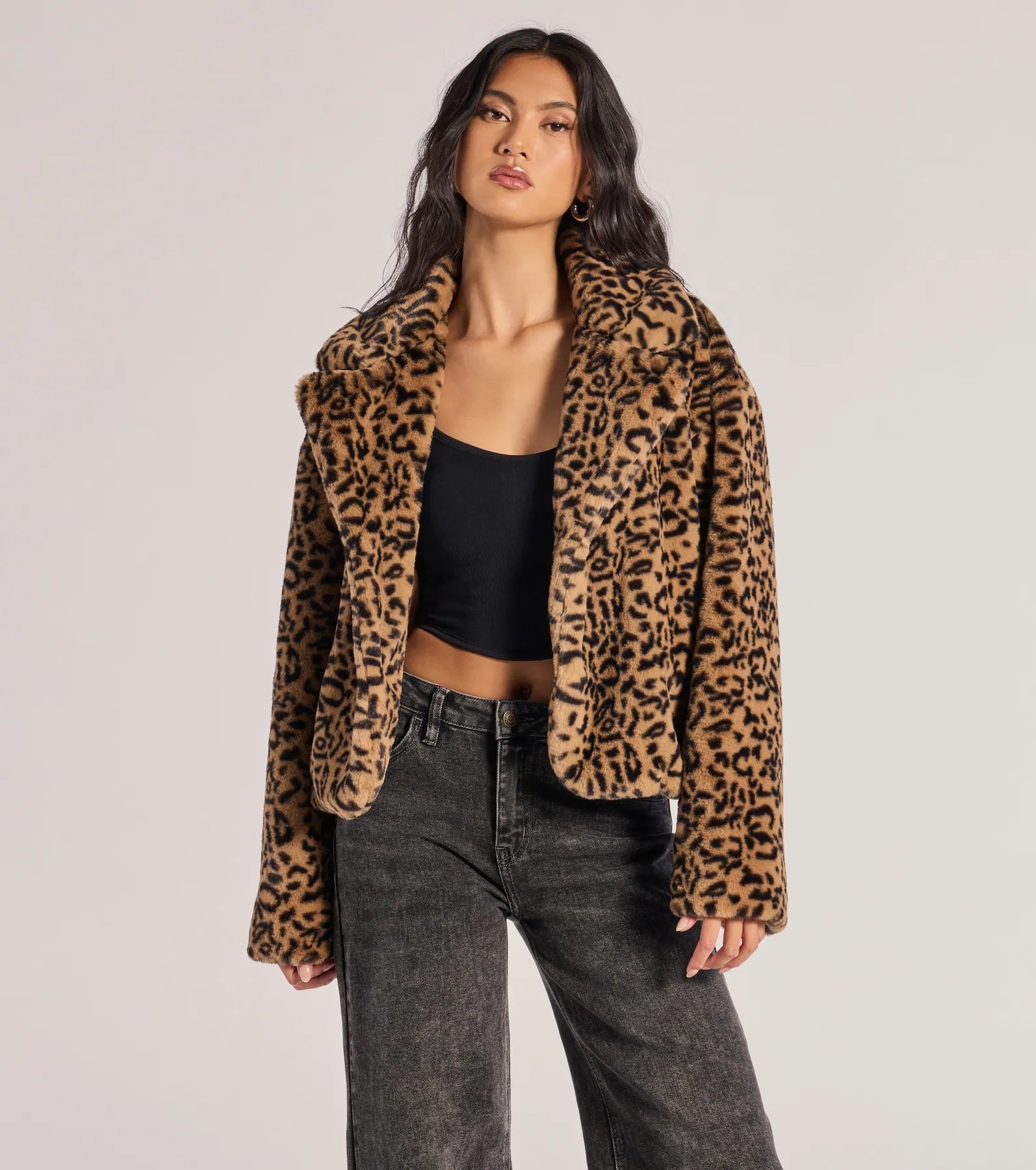 Luxe Glam Leopard Print Faux Fur Jacket Denim Fabric Leather Fabric Suede Fabric