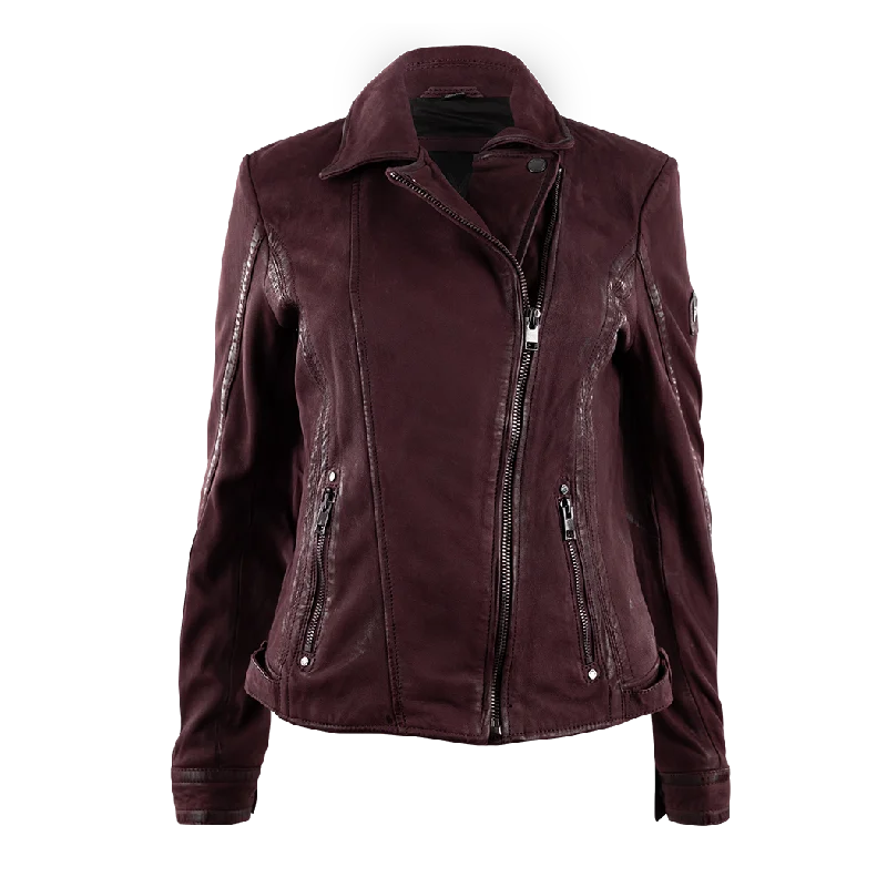 Maroon Leather Twila Jacket Fleece Fabric Down Fabric Feather Fabric