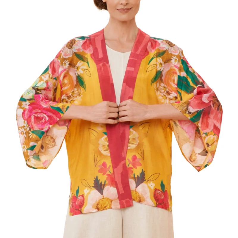 Mustard & Pink Floral Kimono Jacket Trench Coat Raincoat Waterproof Jacket
