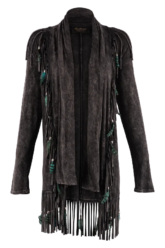 Pat Dahnke Feather Fringe Shawl Jacket - Black Chenille Fabric Brocade Fabric Lace Fabric