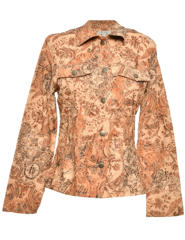 Printed Brown Jacket - L Knit Fabric Woven Fabric Fleece Fabric
