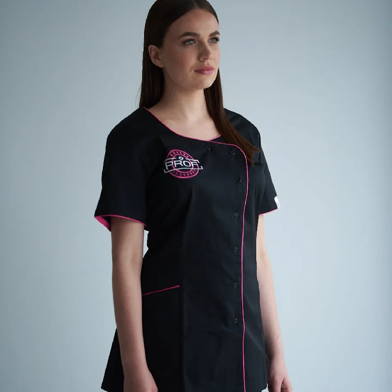 PROF BEAUTY MASTER embroidered short sleeve jacket, BLACK Front Pockets Side Pockets Patch Pockets PROF BEAUTY MASTER embroidered short sleeve jacket, BLACK Front Pockets Side Pockets Patch Pockets