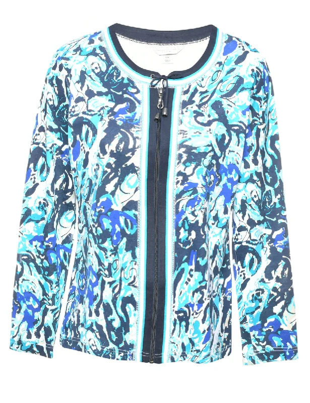 Zip-Front Blue Patterned Jacket - M Hooded Jacket Caped Jacket Shawl Collar Jacket
