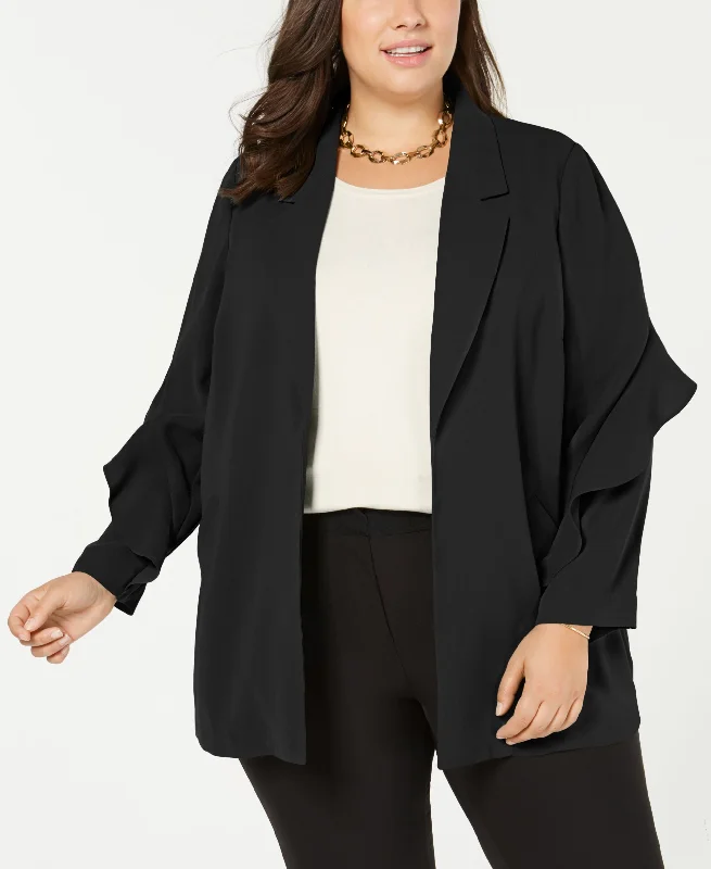 Plus Size Flounce-Sleeve Jacket Zippered Jacket Buttoned Jacket Snapped Jacket