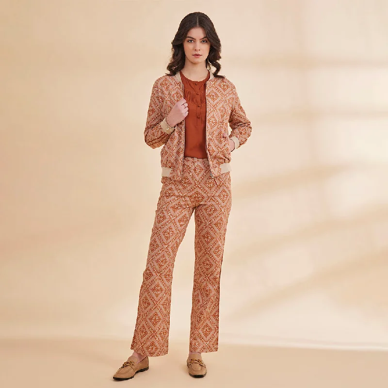 B77 NOORAT Burnt Orange Printed Women's Bomber Jacket with Zipper Welt Pockets Slit Pockets Flap Pockets B77 NOORAT Burnt Orange Printed Women's Bomber Jacket with Zipper Welt Pockets Slit Pockets Flap Pockets