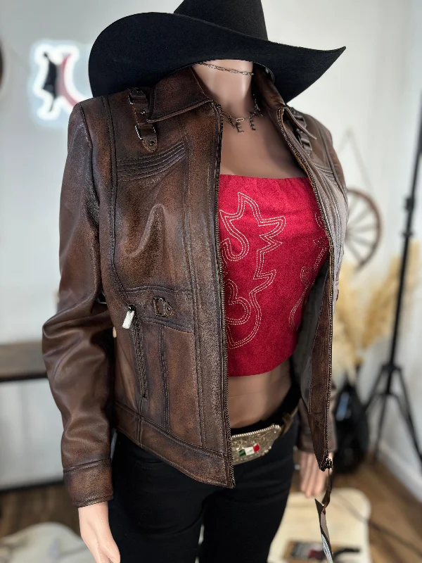 Cuadra Women Brown Leather Jacket Denim Fabric Leather Fabric Suede Fabric