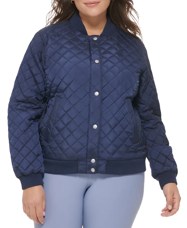 Plus Size Quilted Bomber Jacket A-Line Jacket Boat Neck Shawl Collar