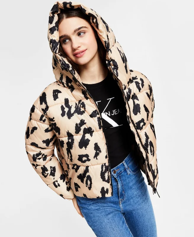 Printed Hooded Boxy Puffer Jacket Nylon Jacket Polyester Jacket Spandex Jacket
