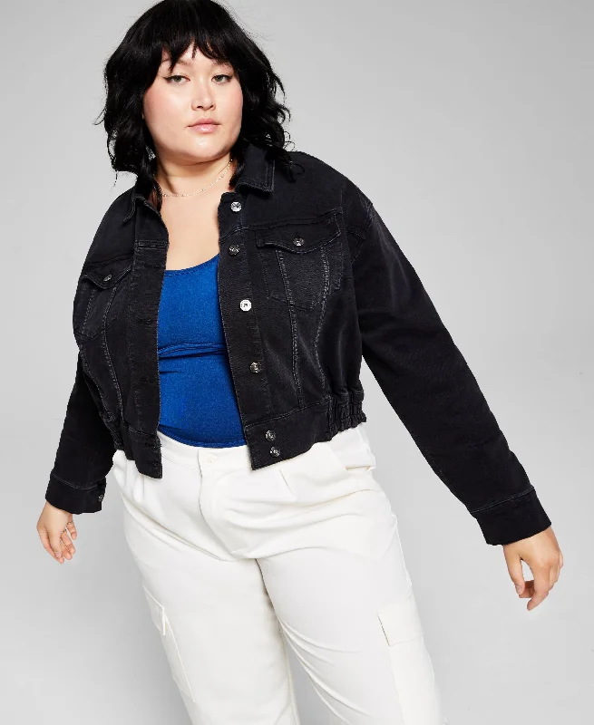 Trendy Plus Size Cropped Denim Jacket Striped Jacket Polka Dot Jacket Floral Jacket
