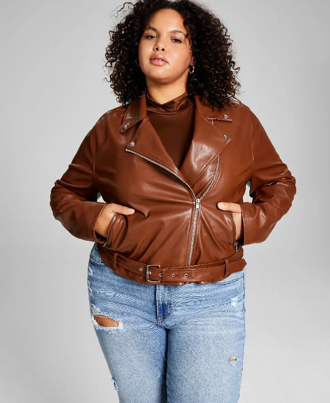 Trendy Plus Size Faux-Leather Moto Jacket Welt Pockets Slit Pockets Flap Pockets