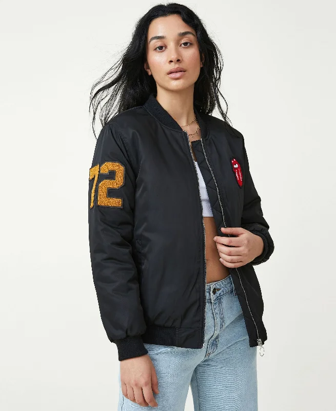 Women's Rolling Stones Bomber Jacket Front Pockets Side Pockets Patch Pockets