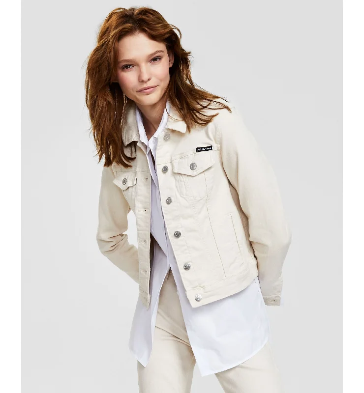 Women's Stretch Twill Trucker Jacket Tiered Jacket Buttoned Jacket Zippered Jacket