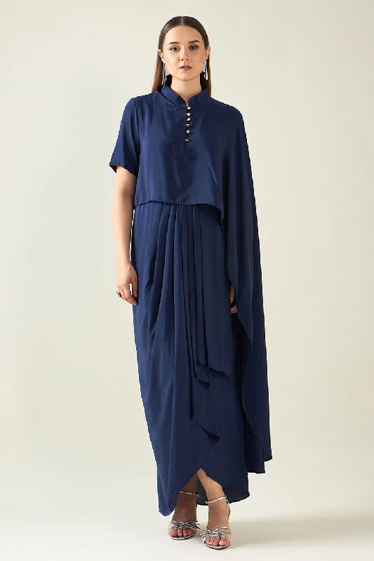 Navy Waterfall Drape Dress
