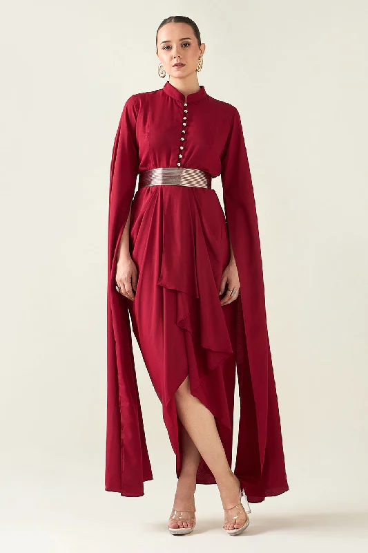 Red Armour Drape Dress With Metallic Finish Belt