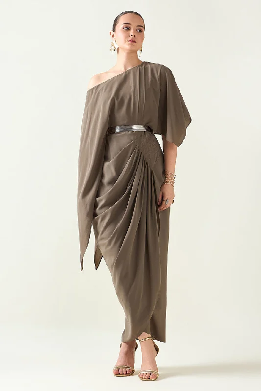 Olive Drape Dress With Metallic Finish Belt