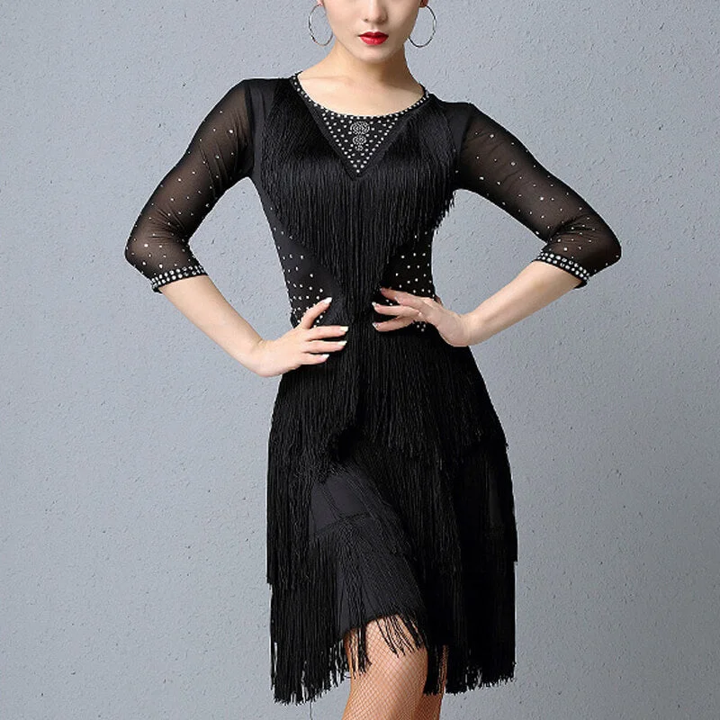Asymmetric Crew Neck 3/4 Length Sleeve Dress
