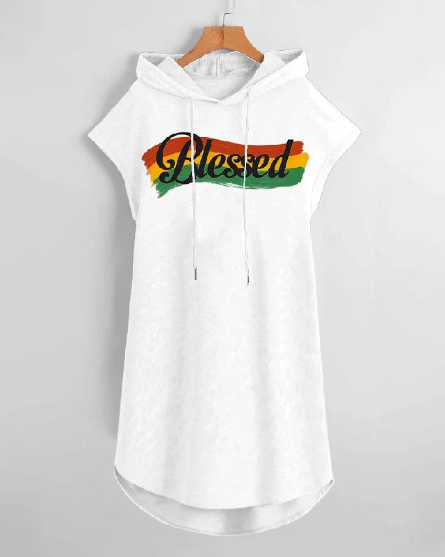 Blessed Print Colocblock Drawstring Hooded Dress