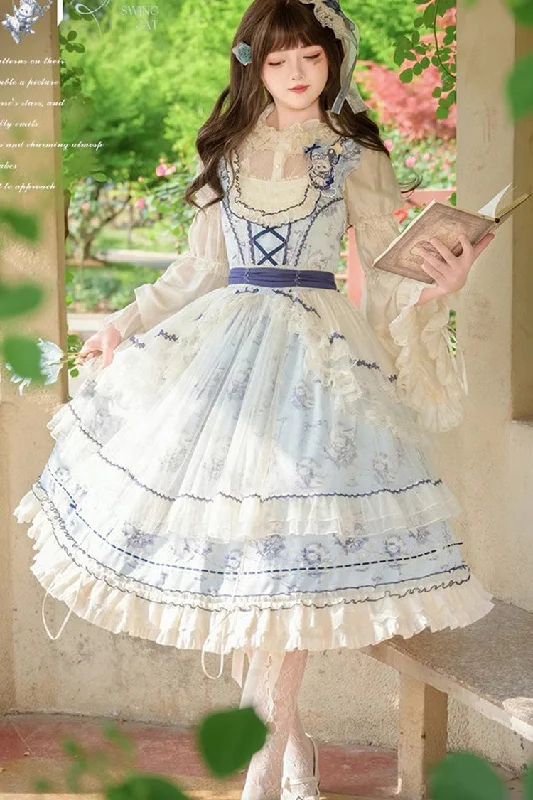 Blue [Swing Cat] Print Ruffle Bowknot Lace Sweet Elegant Lolita Jsk Dress