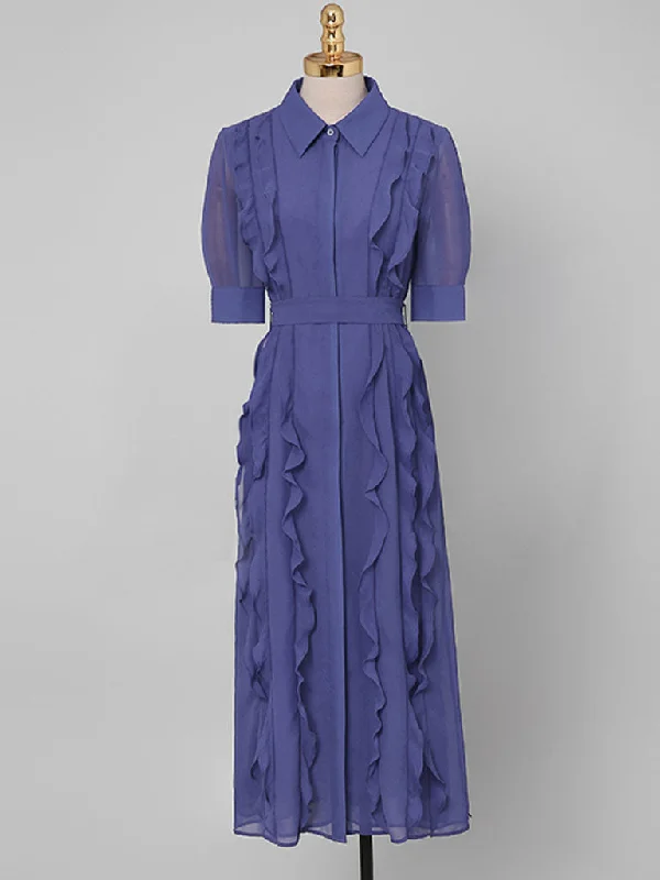 Blue Turndown Collar Ruffles 1940S Dress