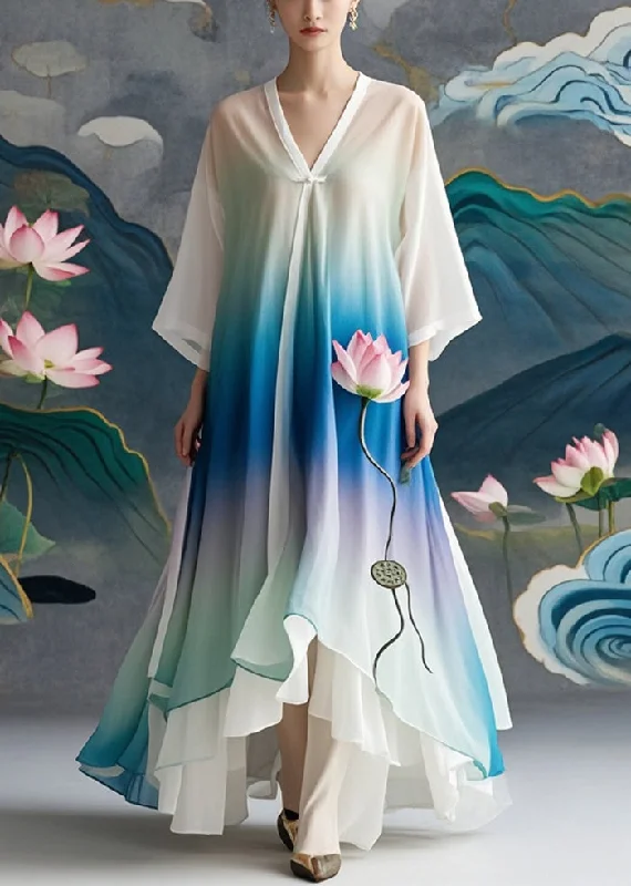Boutique Gradient Color Lotus Print Chiffon Long Dress Fall