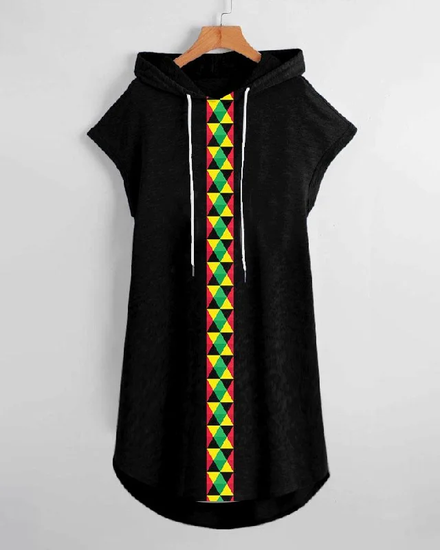 Colorblock Ethnic Print Casual Drawstring Hooded Dress