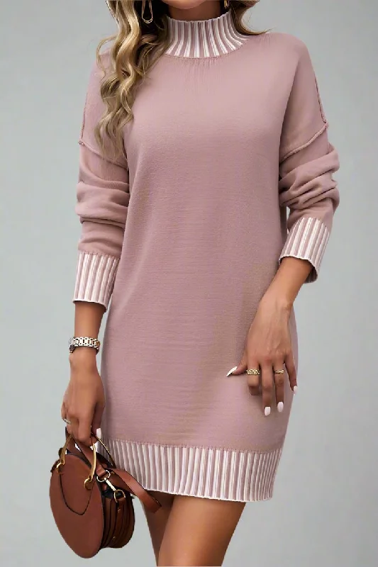Contrast Trim Sweater Dress Pink
