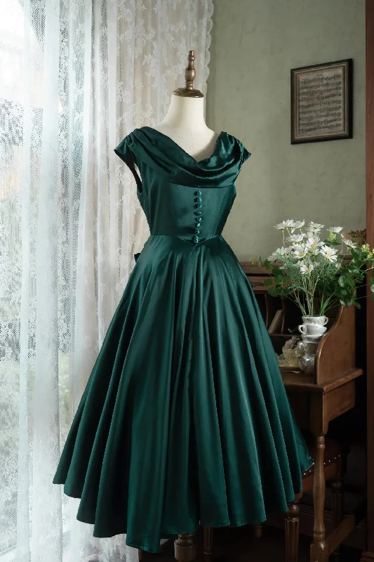 Cowl Neck 50s Open Back Vintage Emerald Green Dress