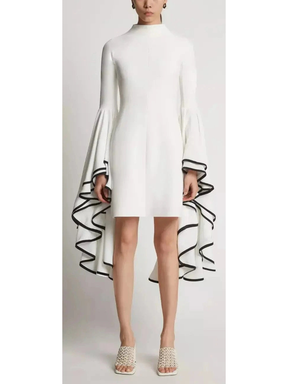 Crepe Exaggerated Sleeve Dress, White