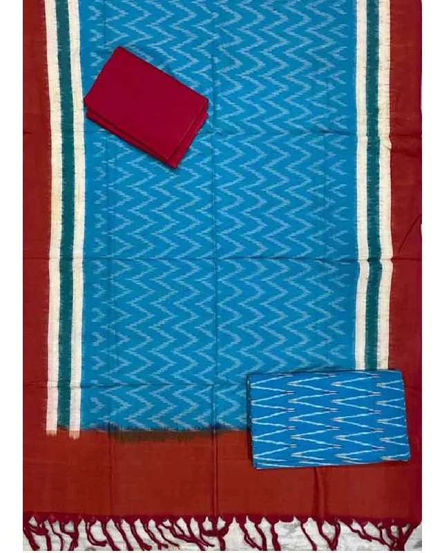 DOUBLE IKAT COTTON ANANDA BLUE WITH RED COLOR DRESS MATERIAL -C53