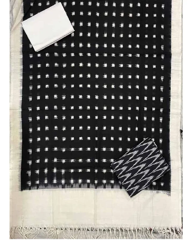 DOUBLE IKAT COTTON BLACK WITH WHITE COLOR DRESS MATERIAL - C65