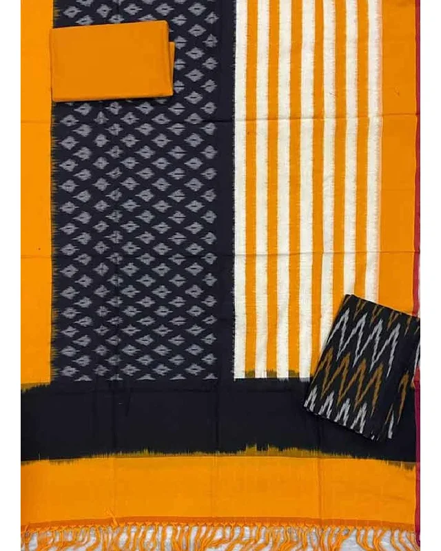 DOUBLE IKAT COTTON BLACK WITH YELLOW COLOR DRESS MATERIAL - C48