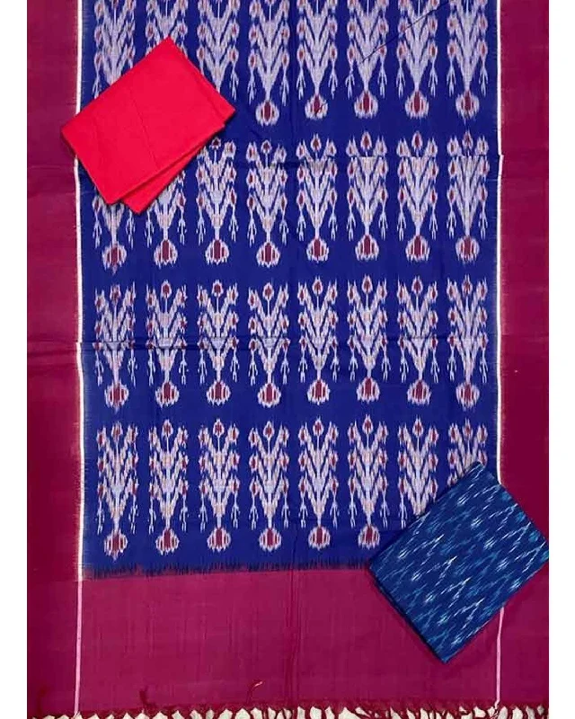 DOUBLE IKAT COTTON BLUE WITH RED COLOR DRESS MATERIAL -C25