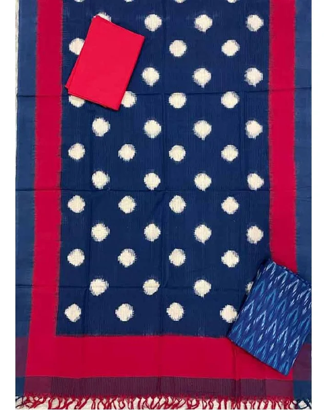 DOUBLE IKAT COTTON BLUE WITH RED COLOR DRESS MATERIAL -C49